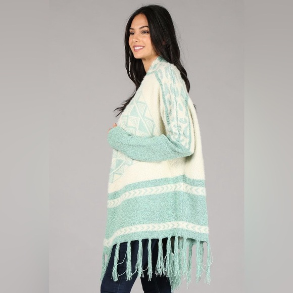 #271 New! Cozy Oversized Aztec Beautiful Mint Green Sweater Duster Cardigan Coat - Picture 3 of 4
